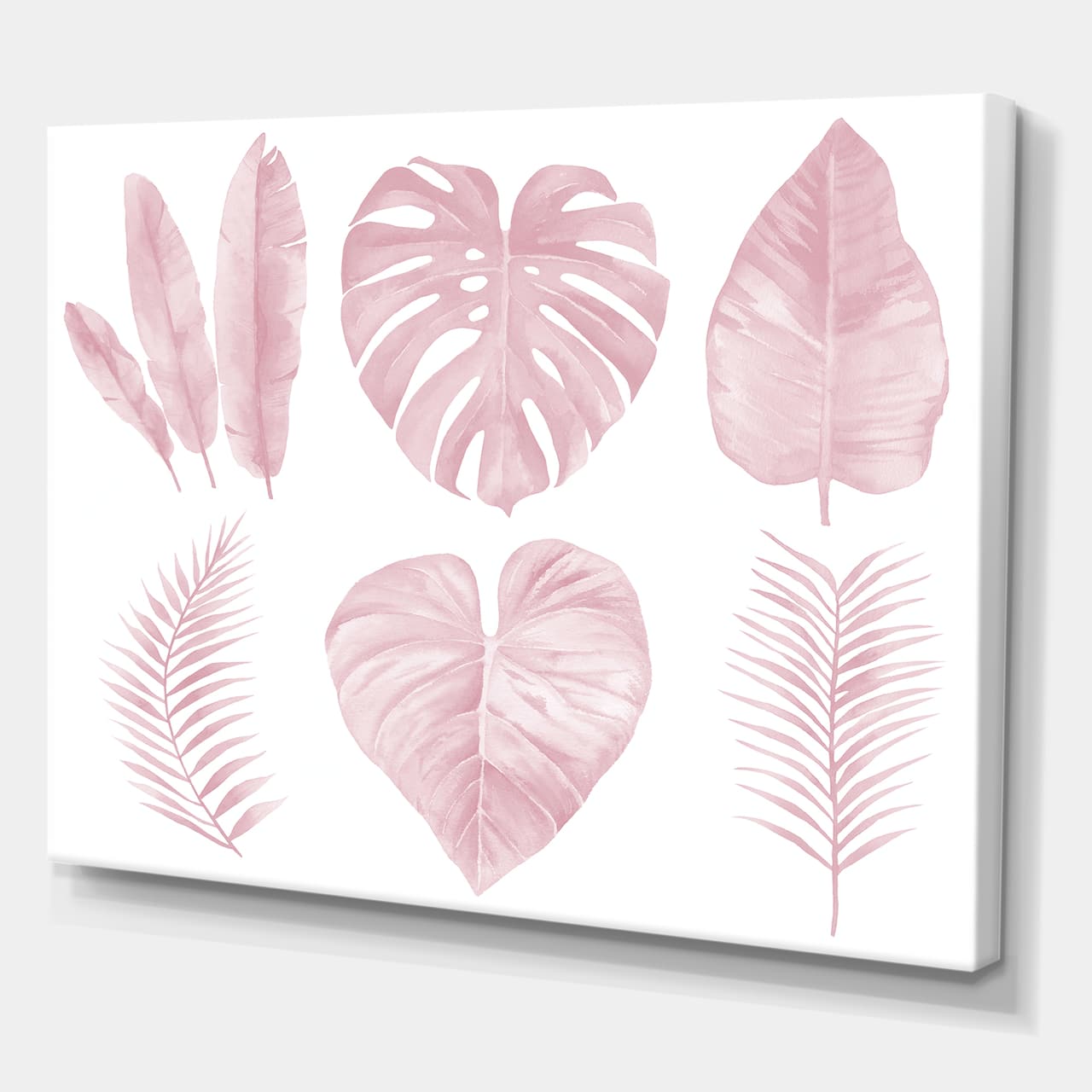 Designart - Tropical Pink Watercolour Leaves I - Shabby Chic Canvas Wall Art Print